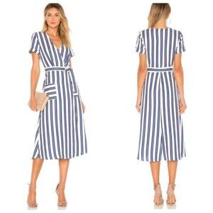 L'Academie Tuscy Dress White Blue Stripes Wrap Midi Dress